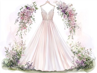 梦幻粉色婚纱与花卉装饰