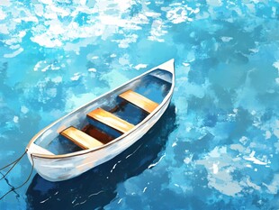 蓝水之上的孤独小船