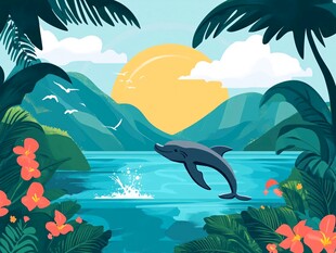 海豚跃于热带湖景之中