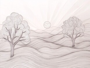 手绘原野树木日出景象