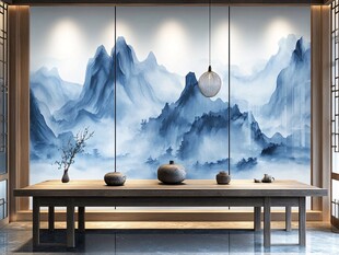 中式山水背景墙茶室场景