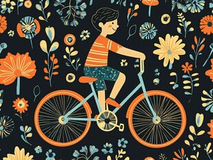 男孩骑车穿行于繁花之间