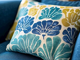 蓝黄花卉图案抱枕特写