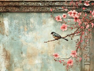 古墙花枝上的休憩小鸟