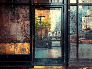 复古风格的街头玻璃门景象