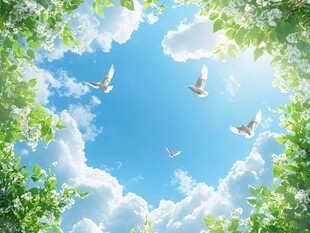 蓝天白云下飞鸟与繁花