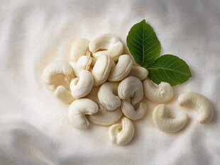 新鲜腰果配绿叶点缀