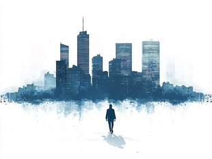 漫步城市天际线的孤独身影