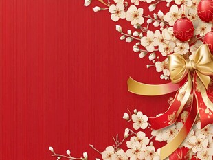 喜庆红底花卉蝴蝶结装饰图