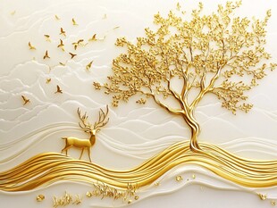 金色树鹿飞鸟立体装饰画