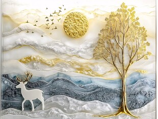 金树白鹿山川艺术浮雕画
