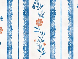 蓝白花卉条纹水彩图案