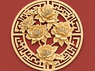 中式木雕牡丹圆形装饰