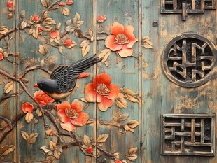 中式木雕花鸟纹理装饰