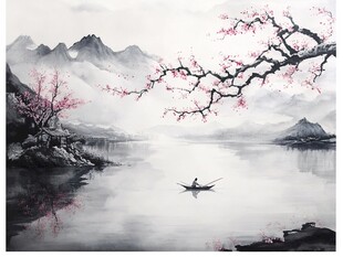 水墨山水间的独舟赏春景