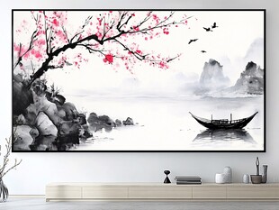 中式水墨山水梅花装饰画