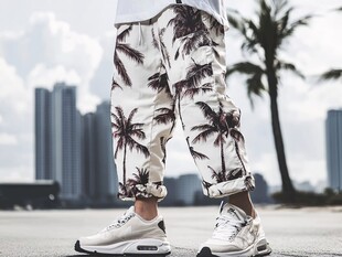 潮人街头风棕榈印花休闲裤