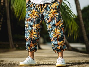 热带风情印花休闲阔腿裤