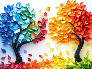 彩色纸艺树的梦幻之景