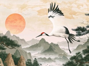 丹顶鹤翱翔于山水红日间