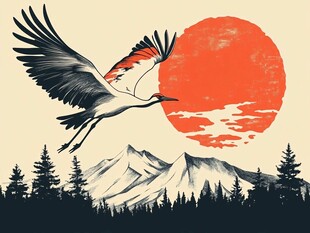 仙鹤翔于山川红日之景