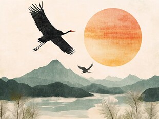 夕阳下双鹤翱翔山水间