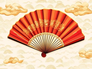 中式折扇与云纹装饰图
