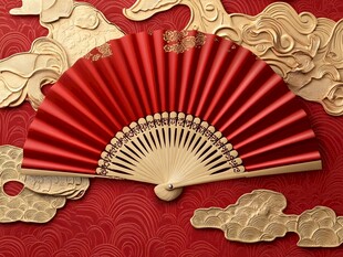 中式红扇配金纹云饰