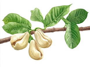 腰果树枝叶与果实插画