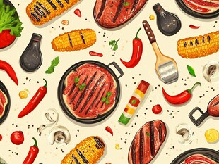 美味烤肉及烹饪食材图案