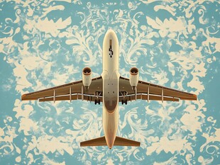 空中飞机与复古花纹背景