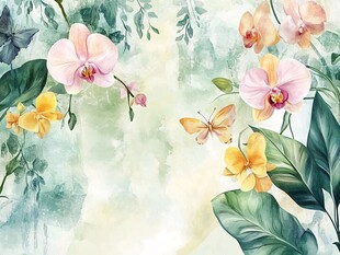 水彩风兰花蝴蝶花卉图景