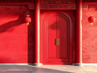 中式红门配红灯笼美景