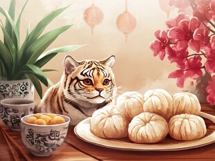 萌虎伴美食迎新春景象