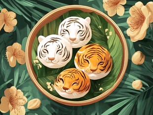 萌虎造型糕点摆于竹盘间