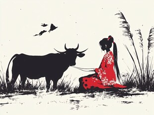 红衣少女与牛的田园图景