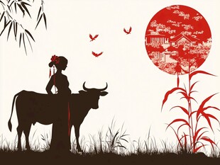 古风女子牧牛剪影图