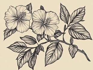 手绘木槿花枝叶图案