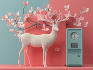 梦幻鹿与复古时钟艺术场景