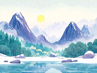 冬日雪山湖泊梦幻美景