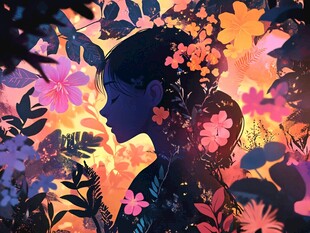 花中少女剪影梦幻插画