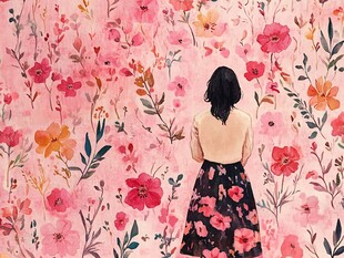 女孩置身繁花中的背影