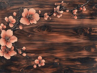 木质背景上的粉嫩桃花枝