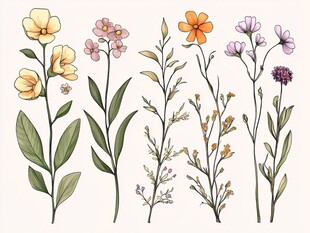 手绘多彩花卉植物插画