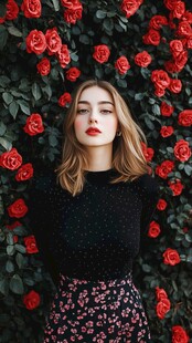 玫瑰丛中的优雅时尚女性