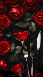 红玫瑰中的刀叉优雅摆拍