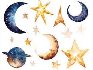 水彩风星月行星图案素材