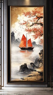 中式帆船山水意境挂画
