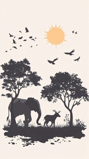 非洲草原动物剪影风景图