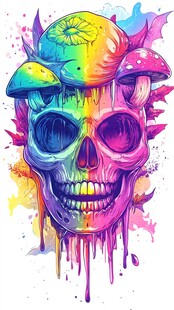 彩色骷髅与幻彩蘑菇插画